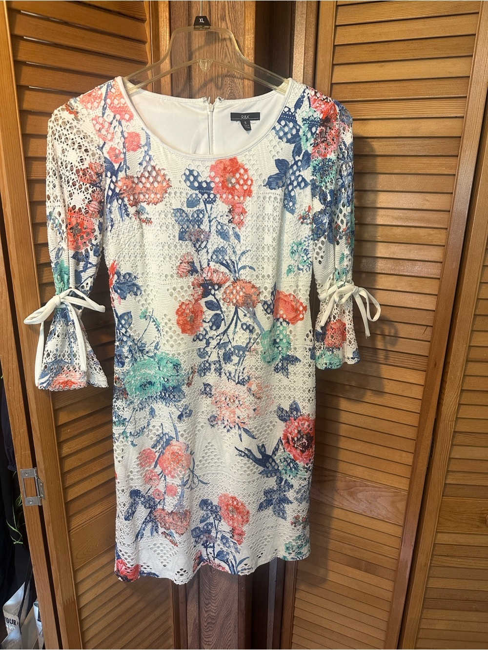 R&K White Floral Lace-Textured dress with Coral, Blue & Mint Print
